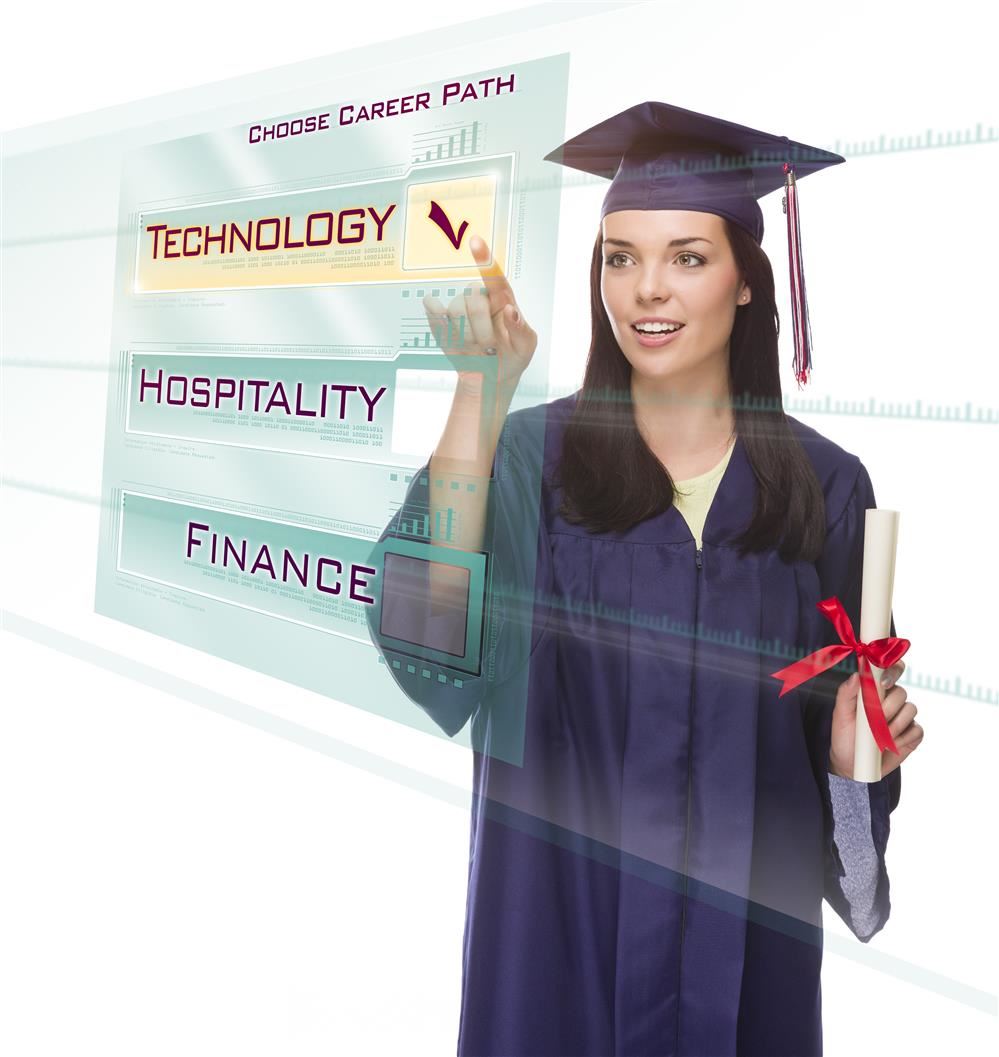 Female graduate choosing a pathway.