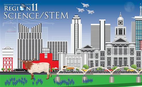 Graphic representation of urban setting with field of bluebonnets and longhorn in the foreground.